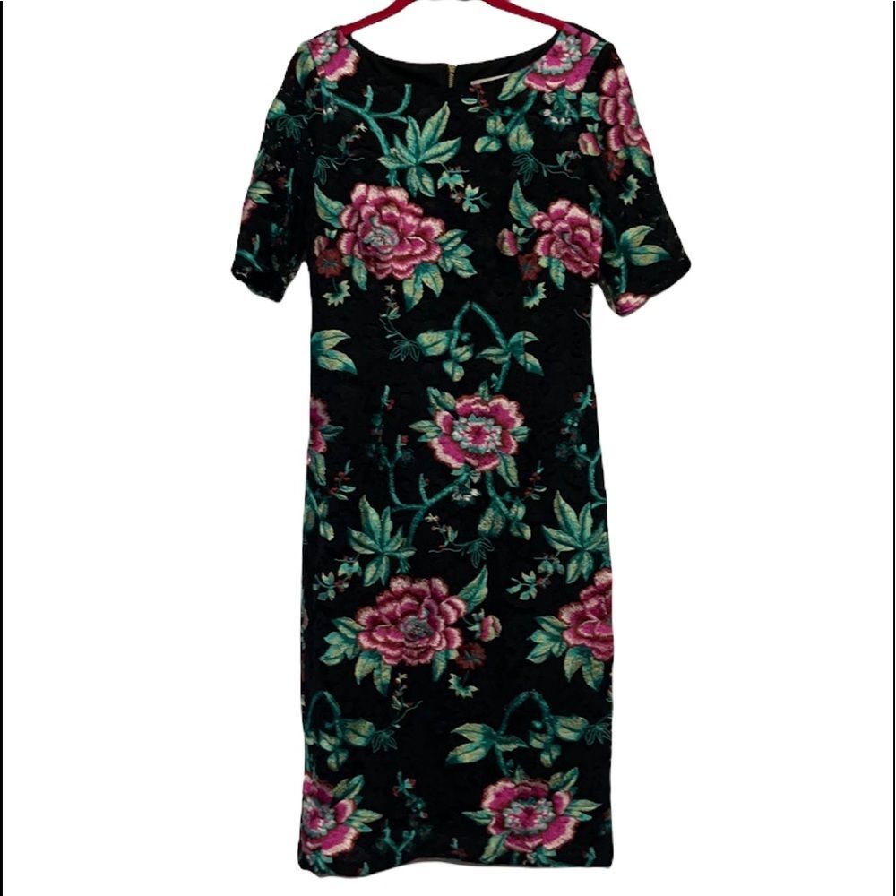 Eliza J Black Embroidered Sheath Dress Short Sleeve Floral Lace Back Zip Size 6